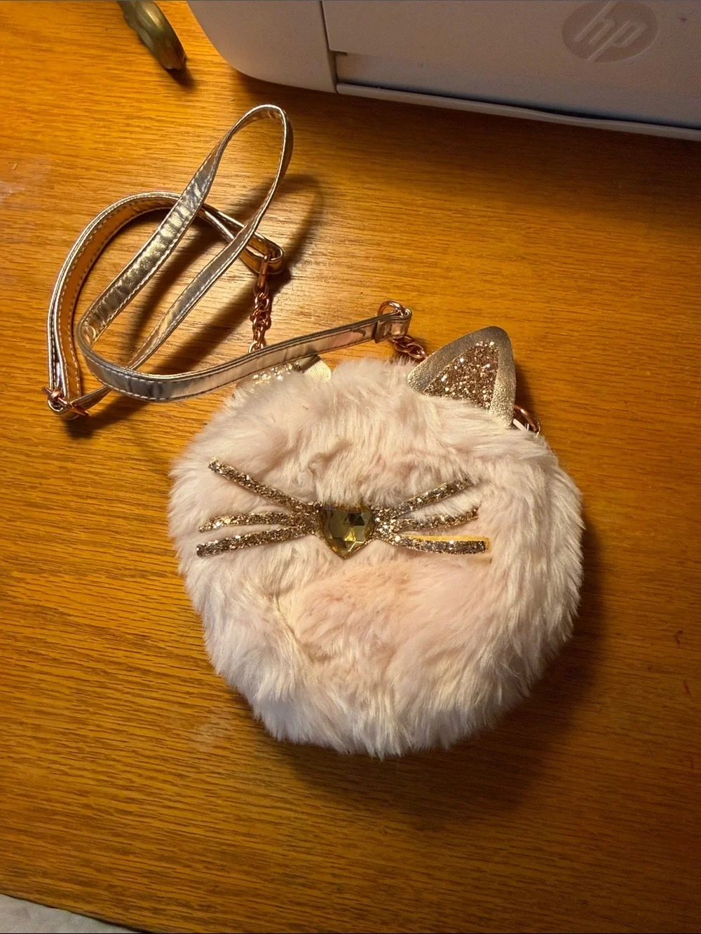 Justice Blush Pink Furry Cat Crossbody Bag with Metallic Strap